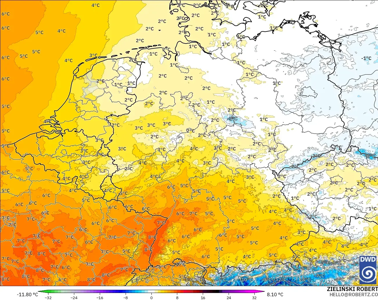 ICON Alemania 2 km modelo - Alemania, Anomalía de temperatura a 850 hPa