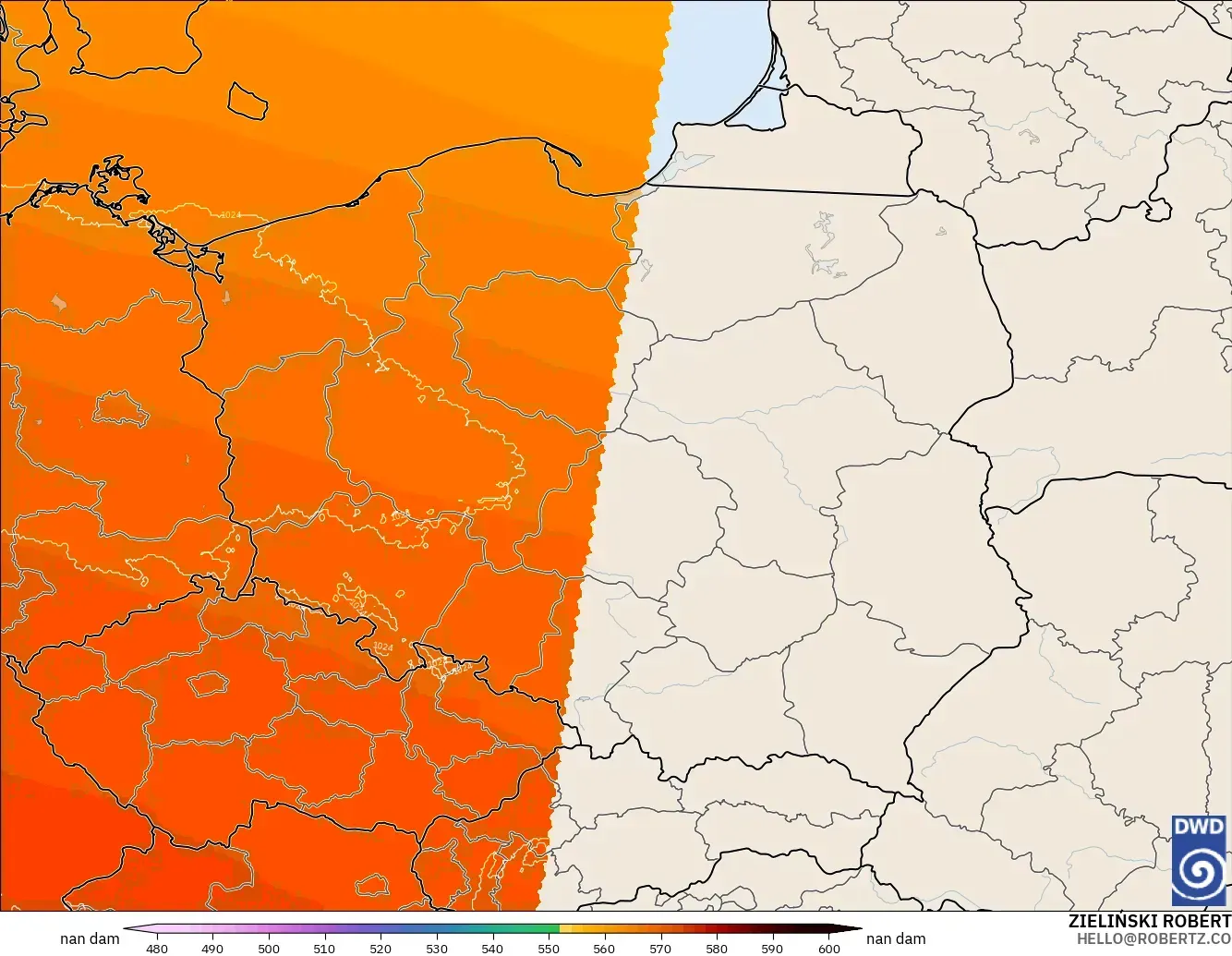ICON Alemania 2 km modelo - Polonia, Altura geopotencial a 500 hPa