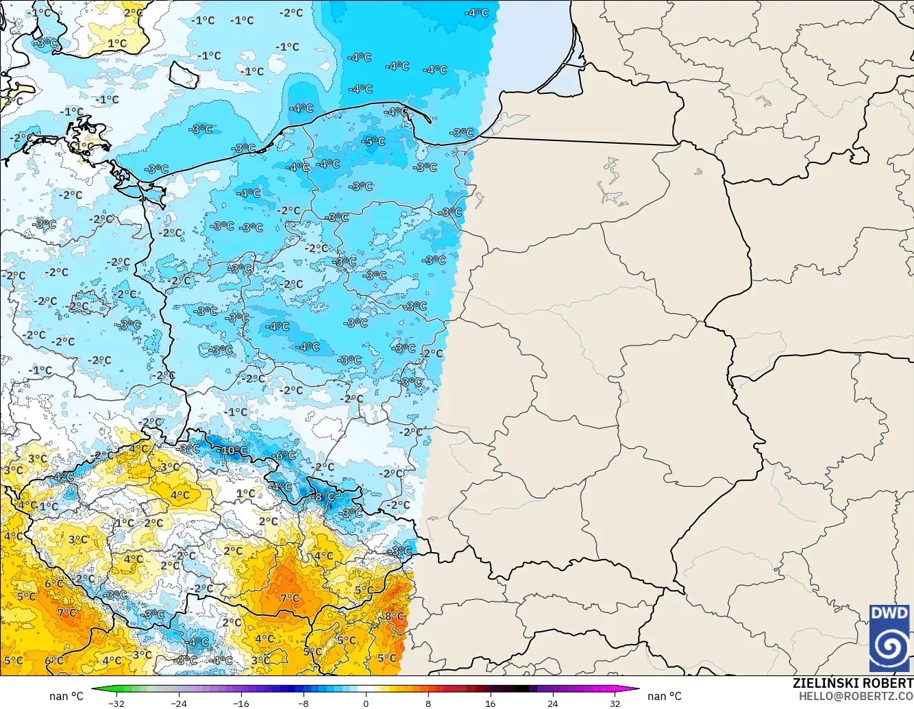ICON Alemania 2 km modelo - Polonia, Anomalía de temperatura a 2 m