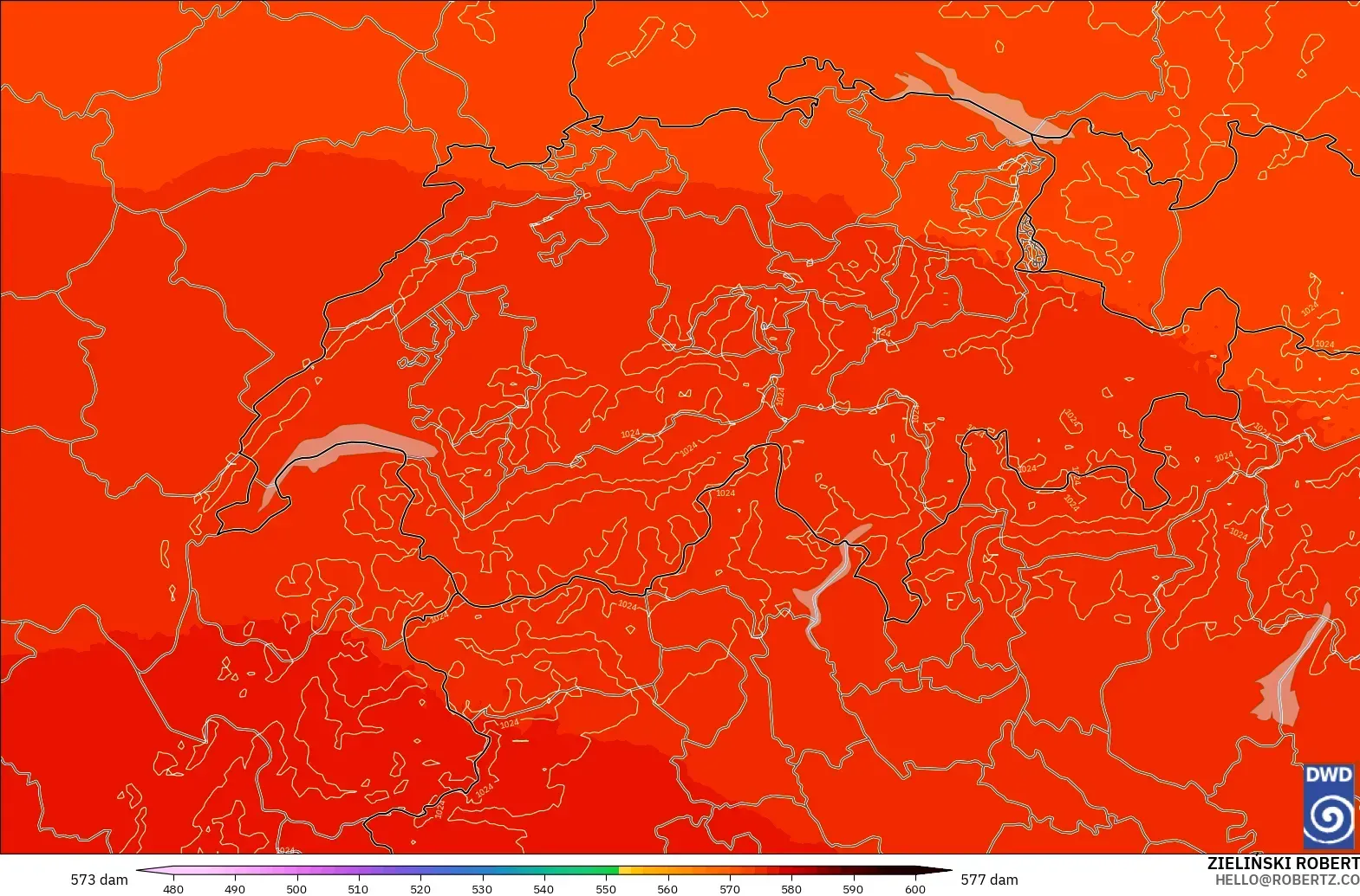 ICON Alemania 2 km modelo - Suiza, Altura geopotencial a 500 hPa