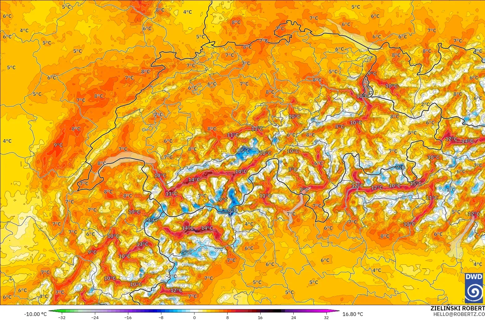 ICON Alemania 2 km modelo - Suiza, Anomalía de temperatura a 2 m