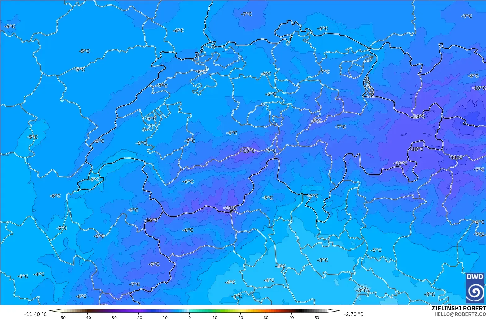 ICON Alemania 2 km modelo - Suiza, Temperatura a 500 hPa