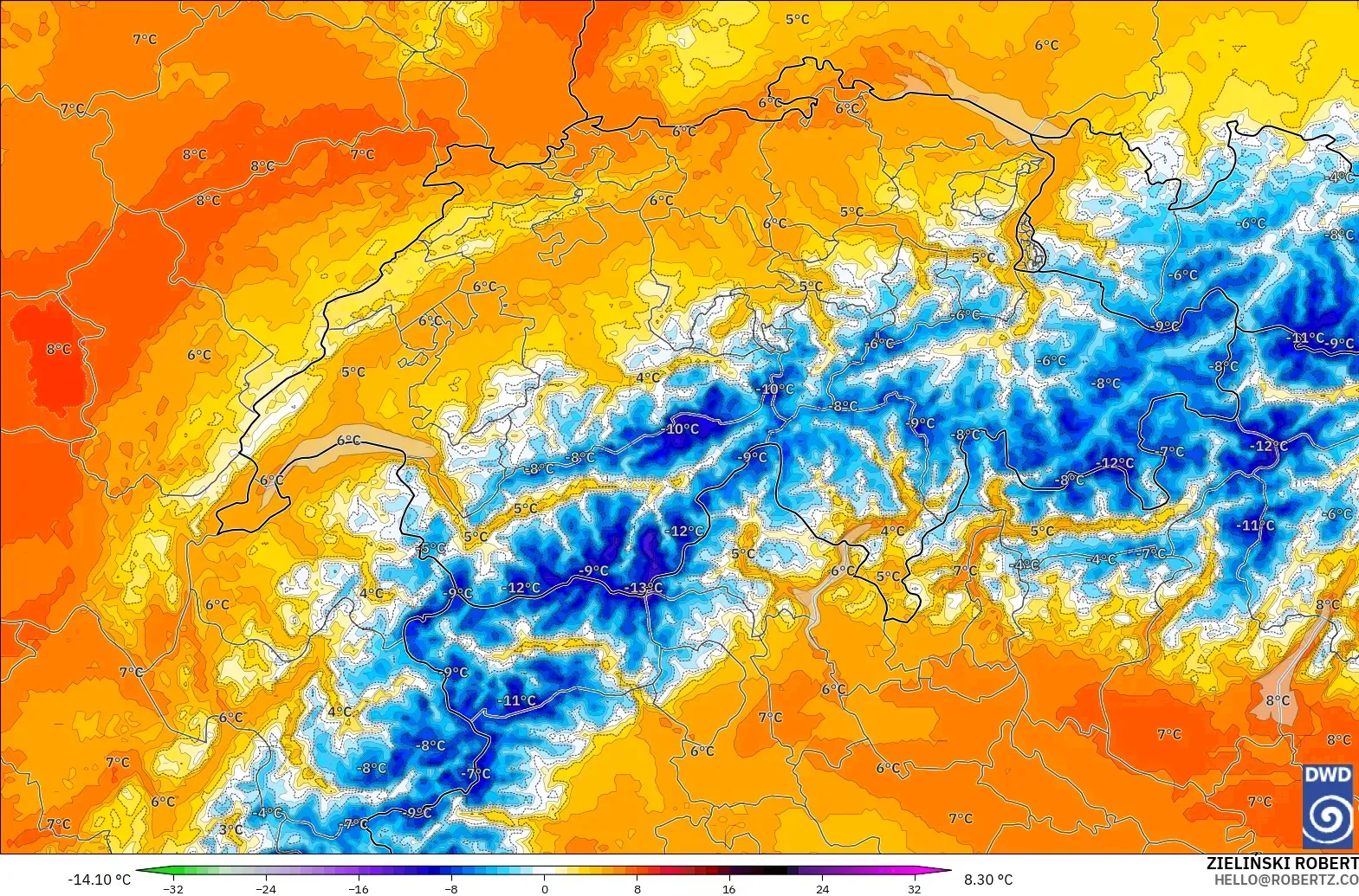 ICON Alemania 2 km modelo - Suiza, Anomalía de temperatura a 850 hPa