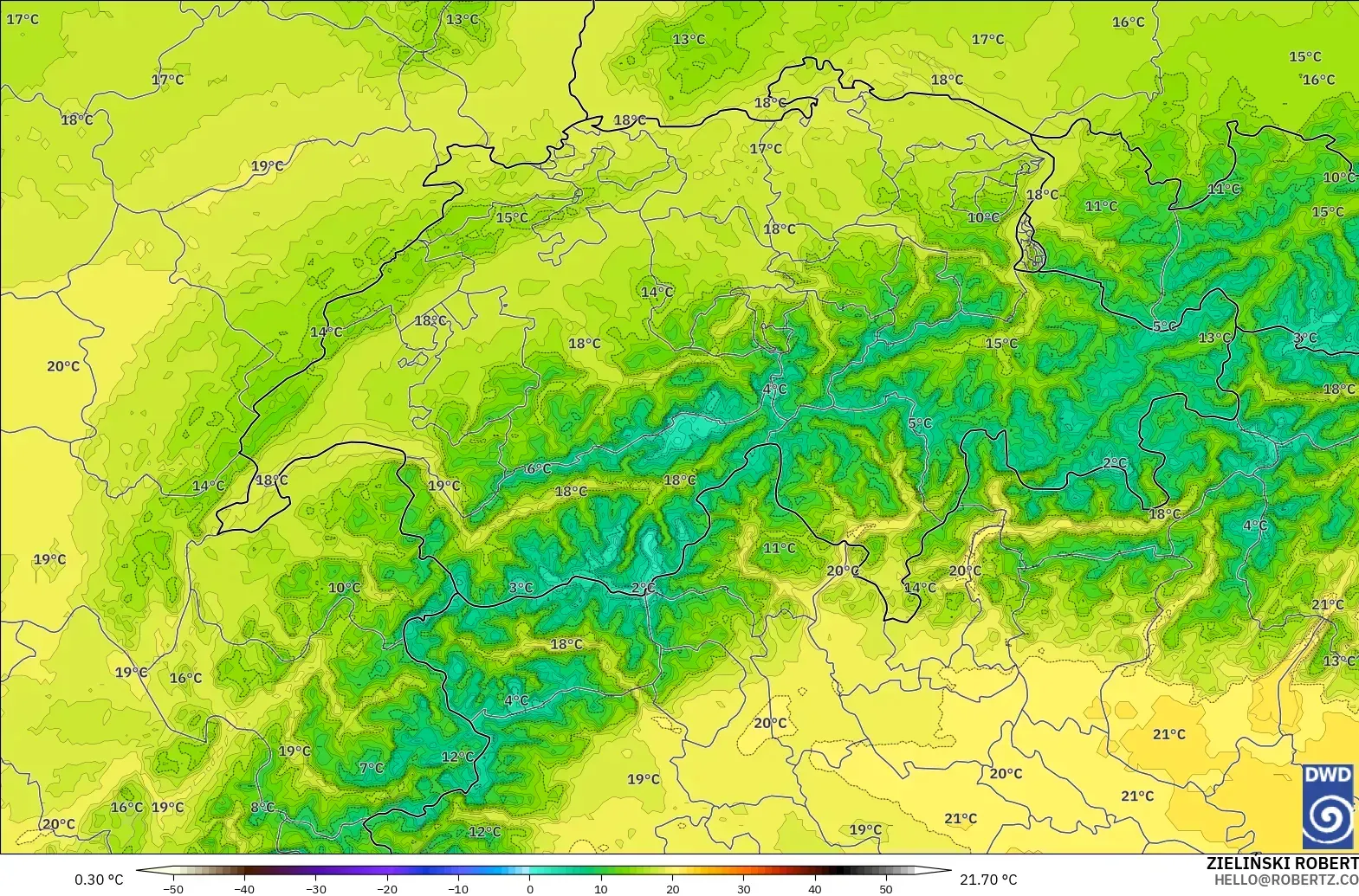 ICON Alemania 2 km modelo - Suiza, Temperatura a 850 hPa
