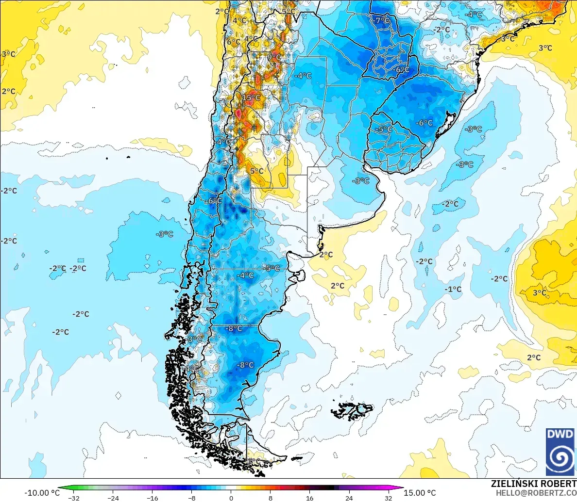 ICON modelo - Argentina, Anomalía de temperatura a 2 m