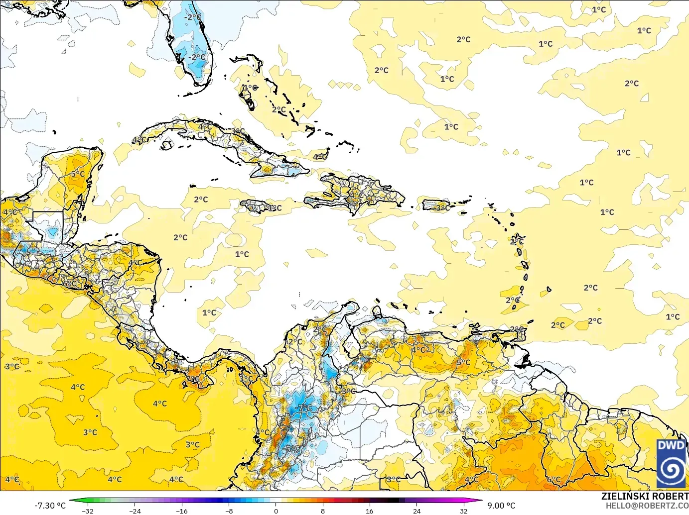 ICON modelo - Caribe, Anomalía de temperatura a 2 m