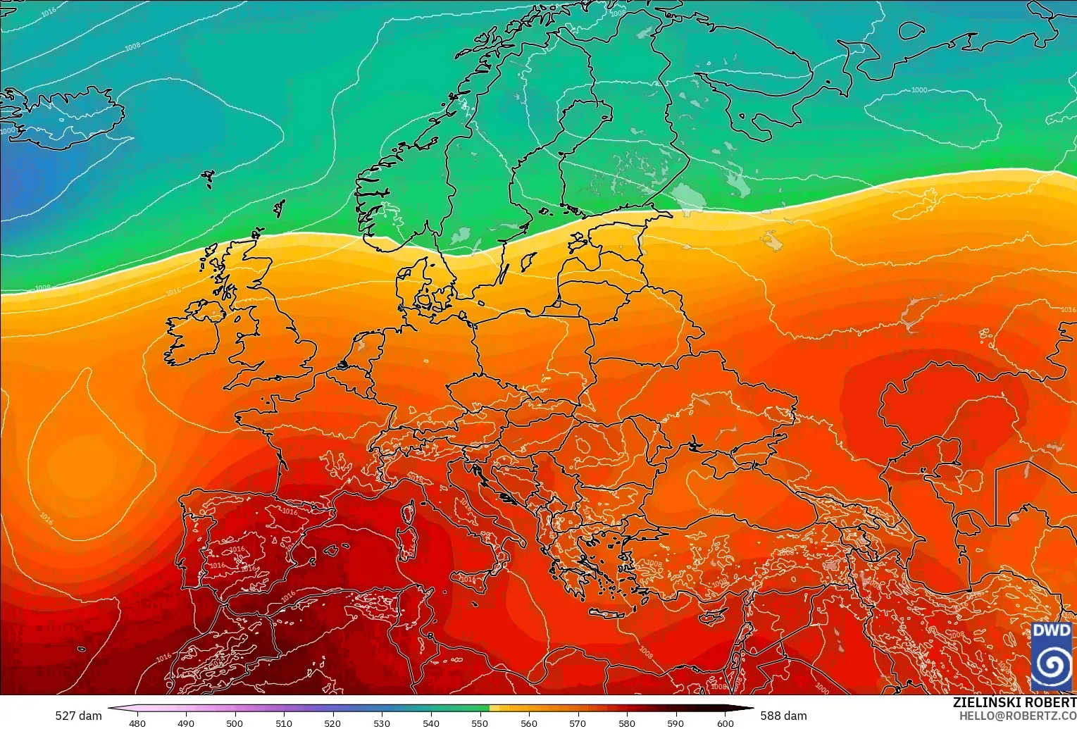 ICON modelo - Europa, Altura geopotencial a 500 hPa