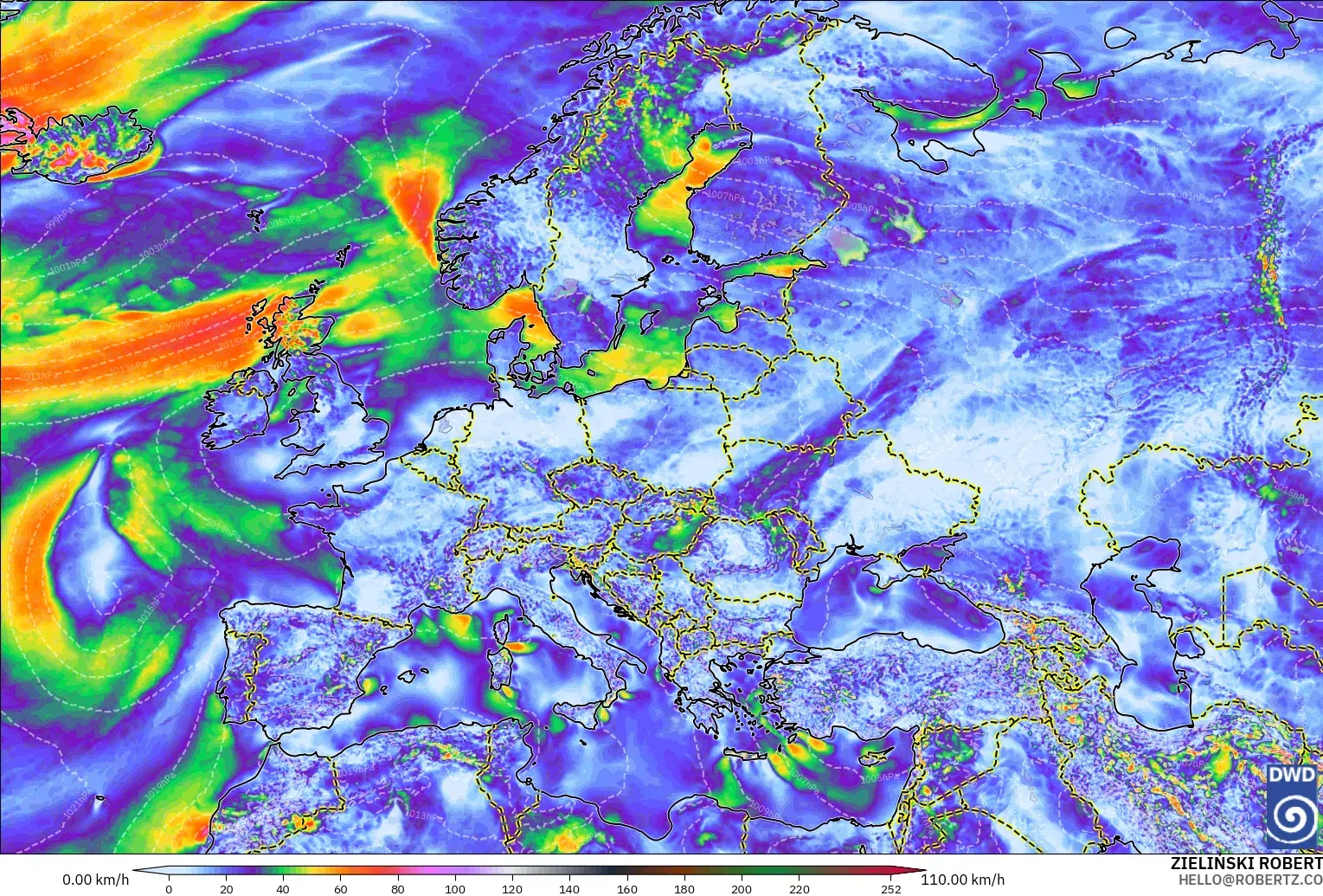 ICON modelo - Europa, Ráfagas de viento
