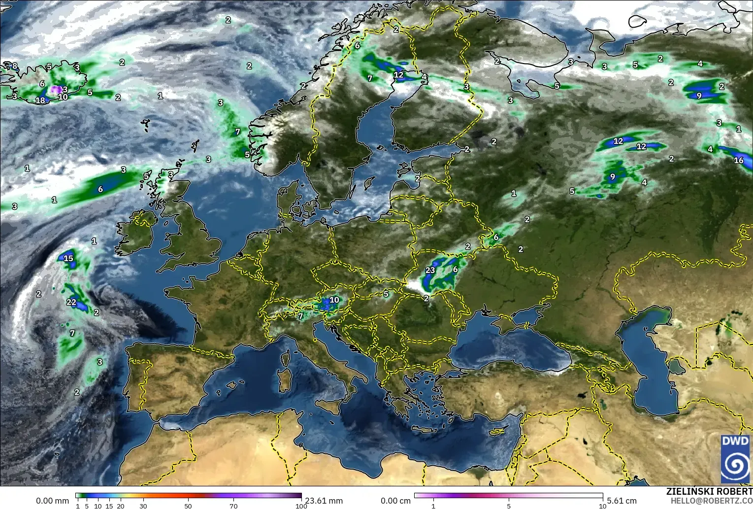 ICON modelo - Europa, Precipitación, nubes y presión