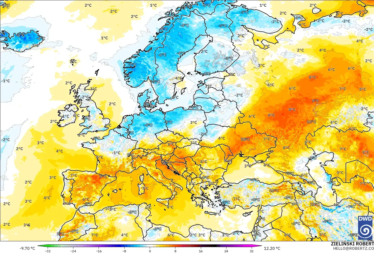 ICON modelo - Europa, Anomalía de temperatura a 2 m