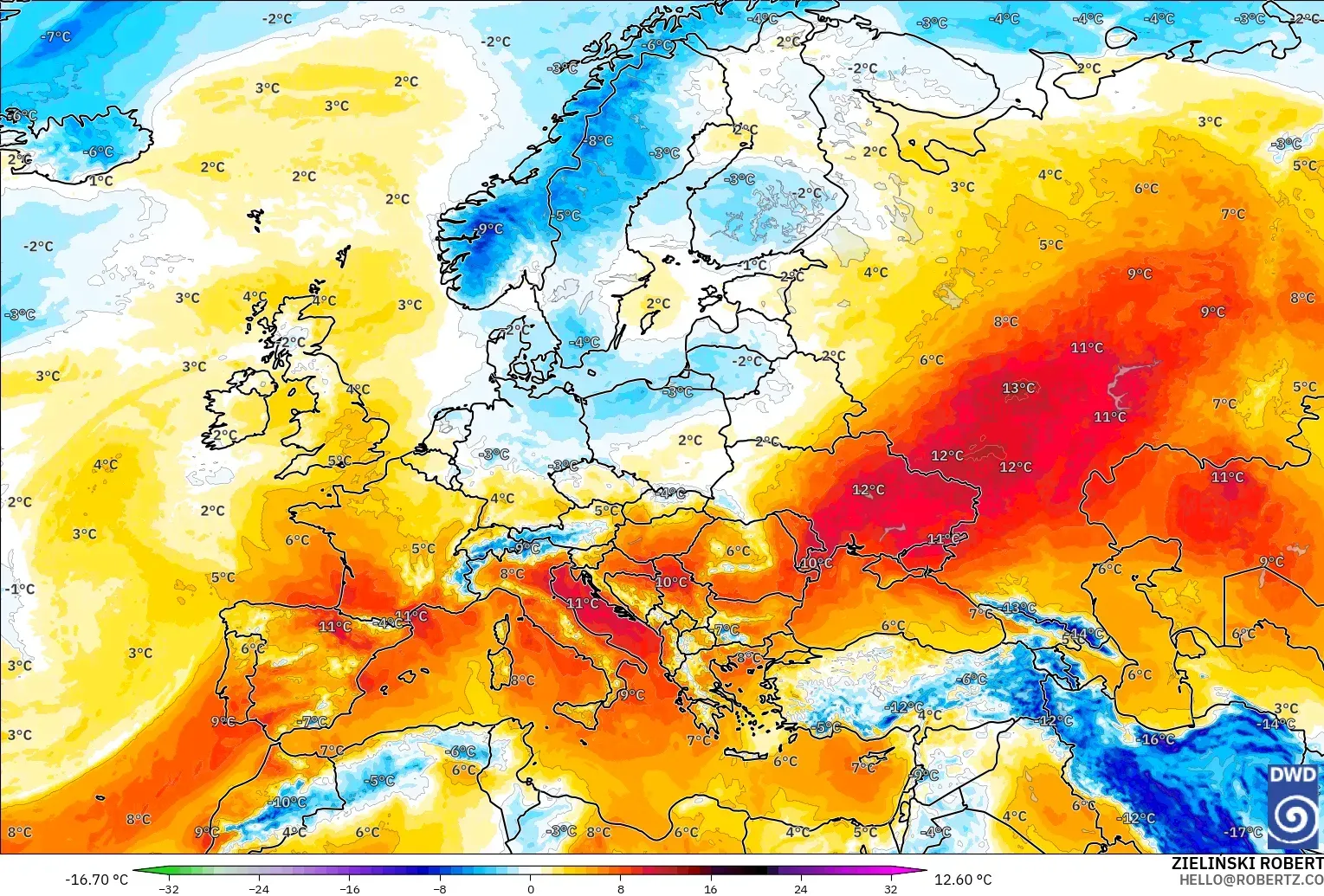 ICON modelo - Europa, Anomalía de temperatura a 850 hPa