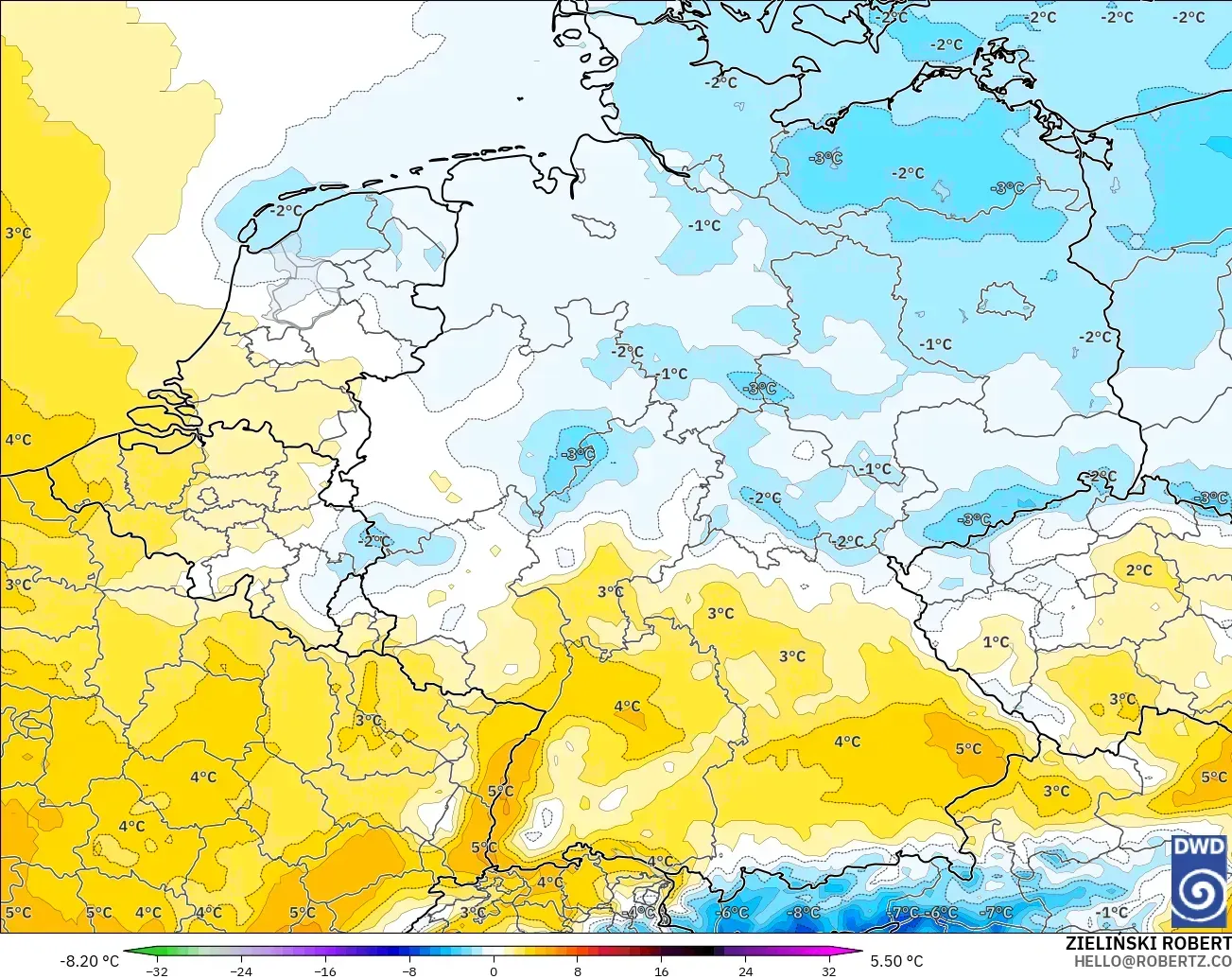 ICON modelo - Alemania, Anomalía de temperatura a 850 hPa
