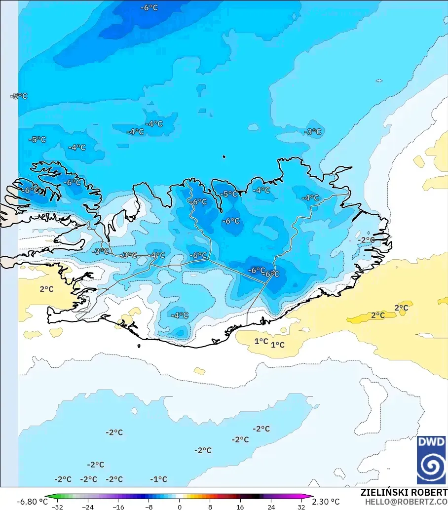 ICON modelo - Islandia, Anomalía de temperatura a 850 hPa