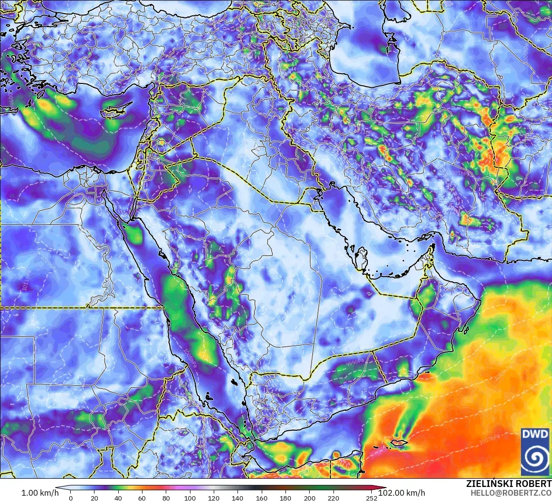 ICON modelo - Oriente Medio, Ráfagas de Viento Máximas