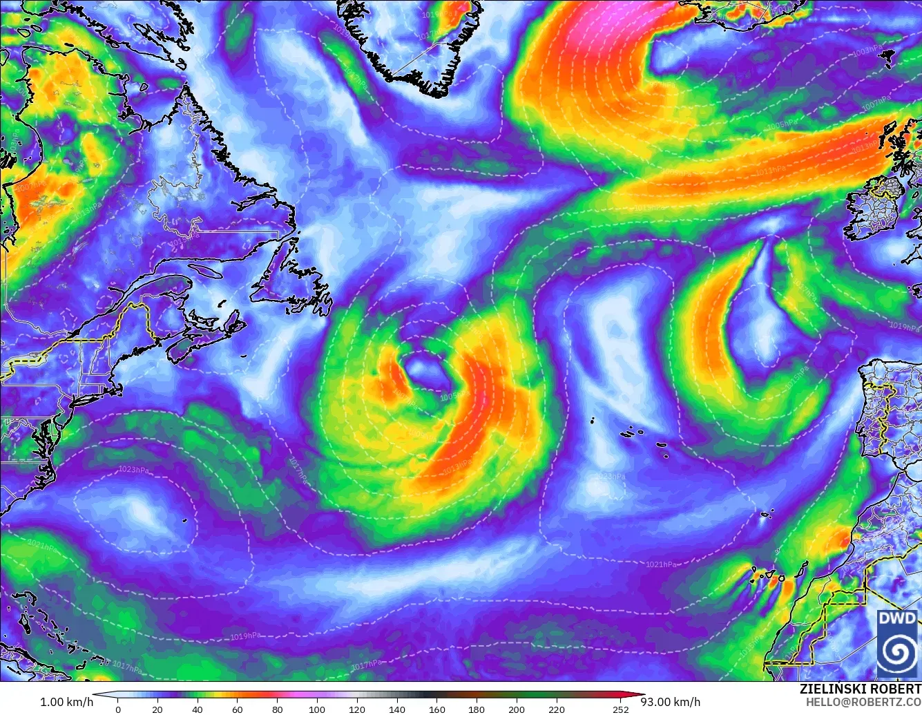 ICON modelo - Norte Atlántico, Ráfagas de Viento Máximas