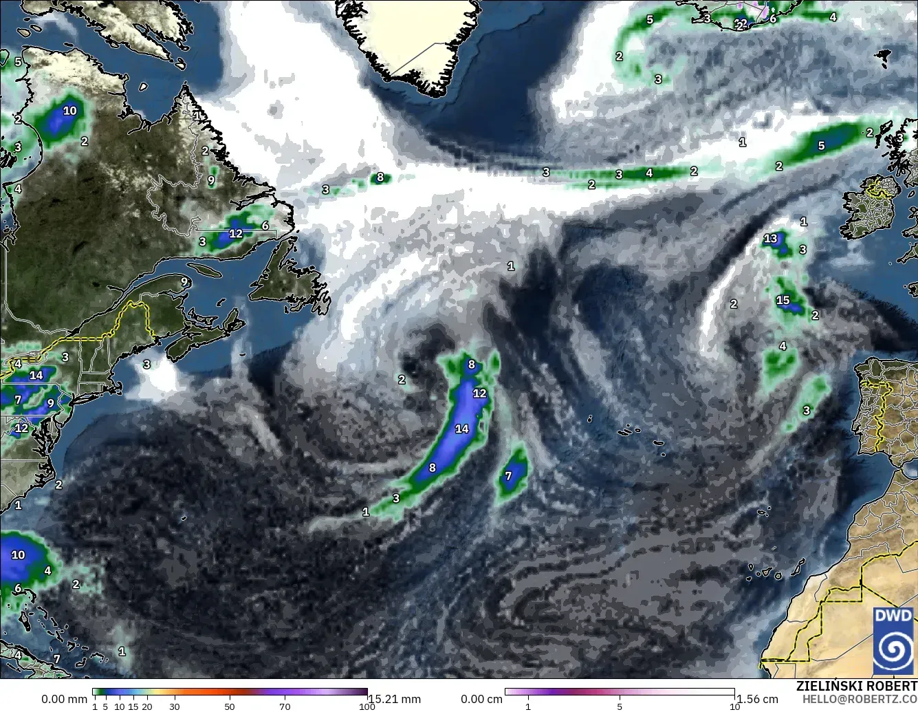 ICON modelo - Norte Atlántico, Precipitación, nubes y presión
