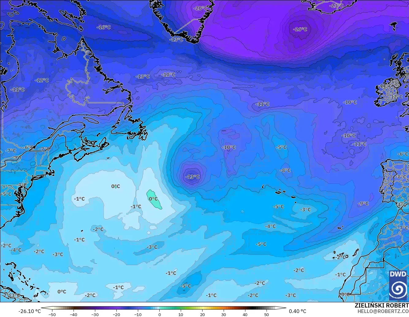 ICON modelo - Norte Atlántico, Temperatura a 500 hPa
