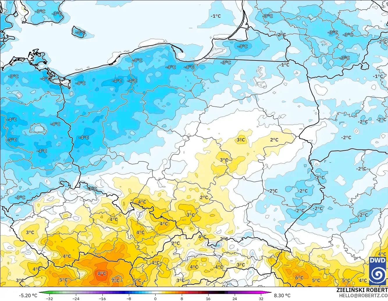 ICON modelo - Polonia, Anomalía de temperatura a 2 m