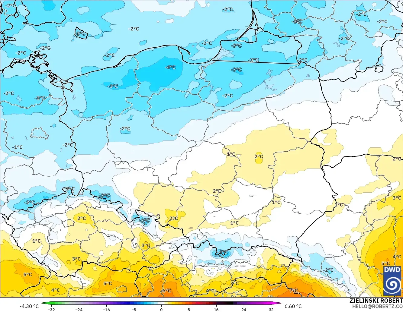 ICON modelo - Polonia, Anomalía de temperatura a 850 hPa