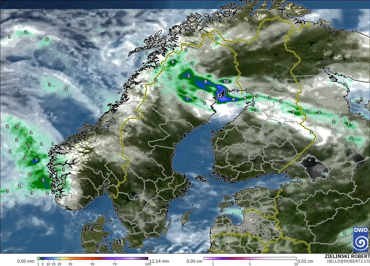 ICON modelo - Escandinavia, Precipitación, nubes y presión