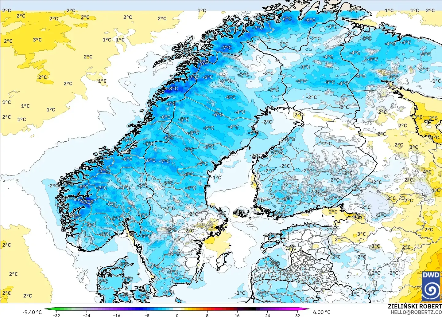 ICON modelo - Escandinavia, Anomalía de temperatura a 2 m