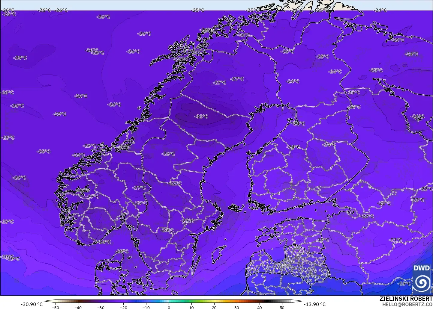 ICON modelo - Escandinavia, Temperatura a 500 hPa