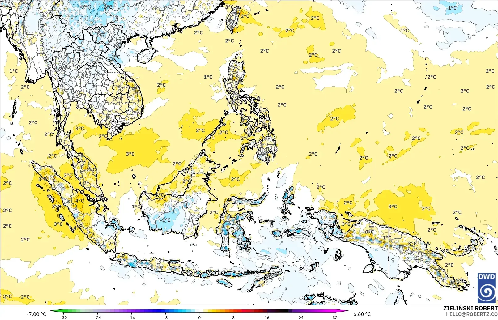 ICON modelo - Sudeste Asiático, Anomalía de temperatura a 2 m