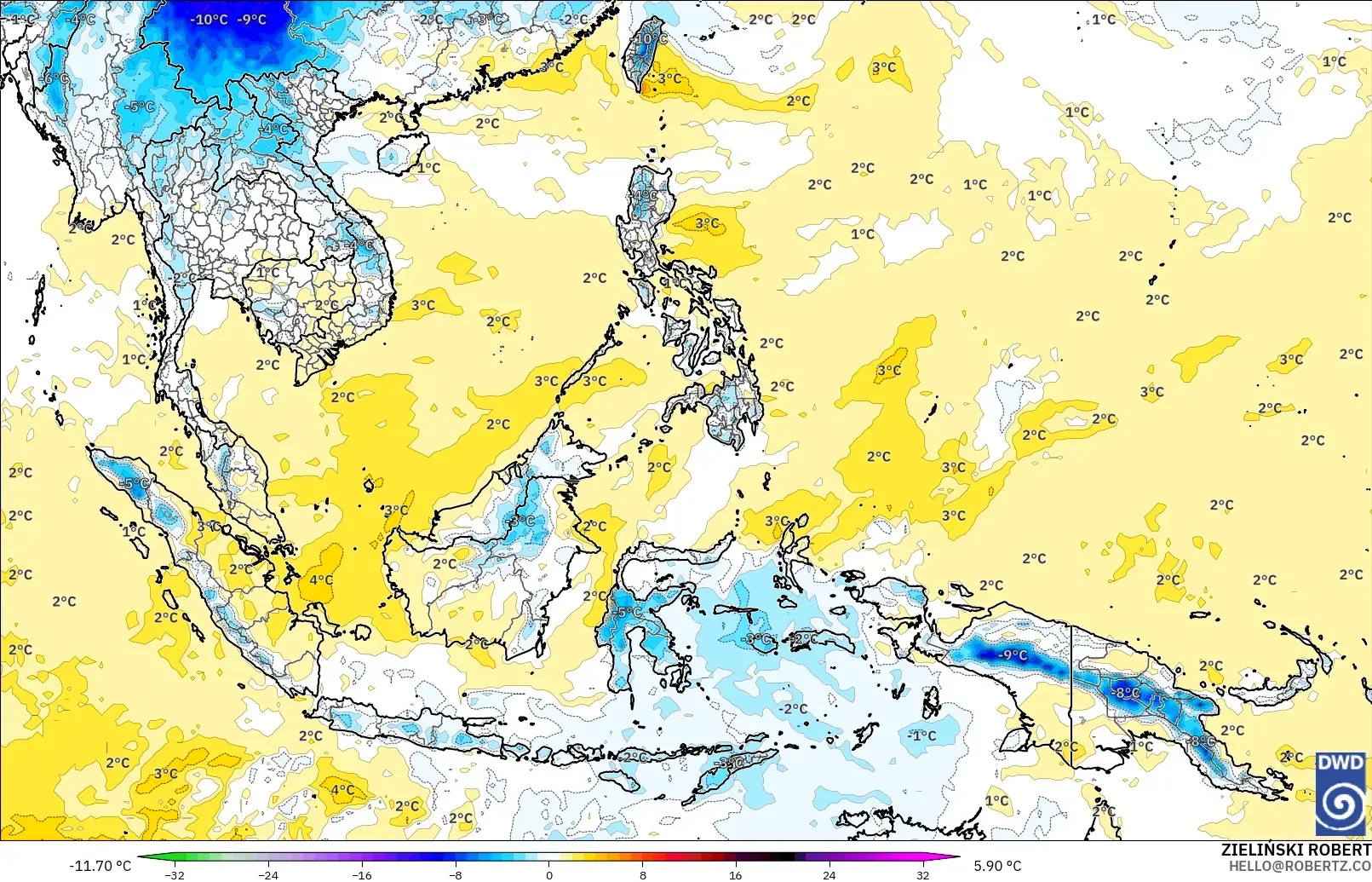 ICON modelo - Sudeste Asiático, Anomalía de temperatura a 850 hPa