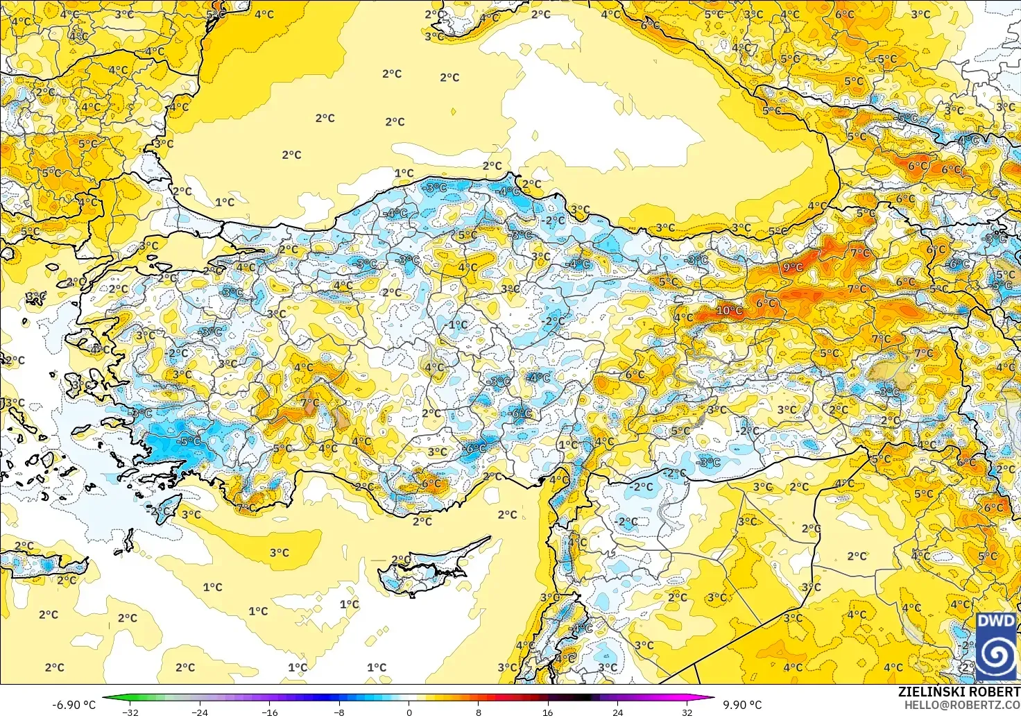ICON modelo - Turquía, Anomalía de temperatura a 2 m
