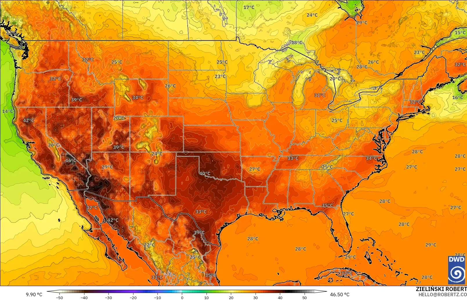 ICON modelo - Estados Unidos, Temperatura a 2 m
