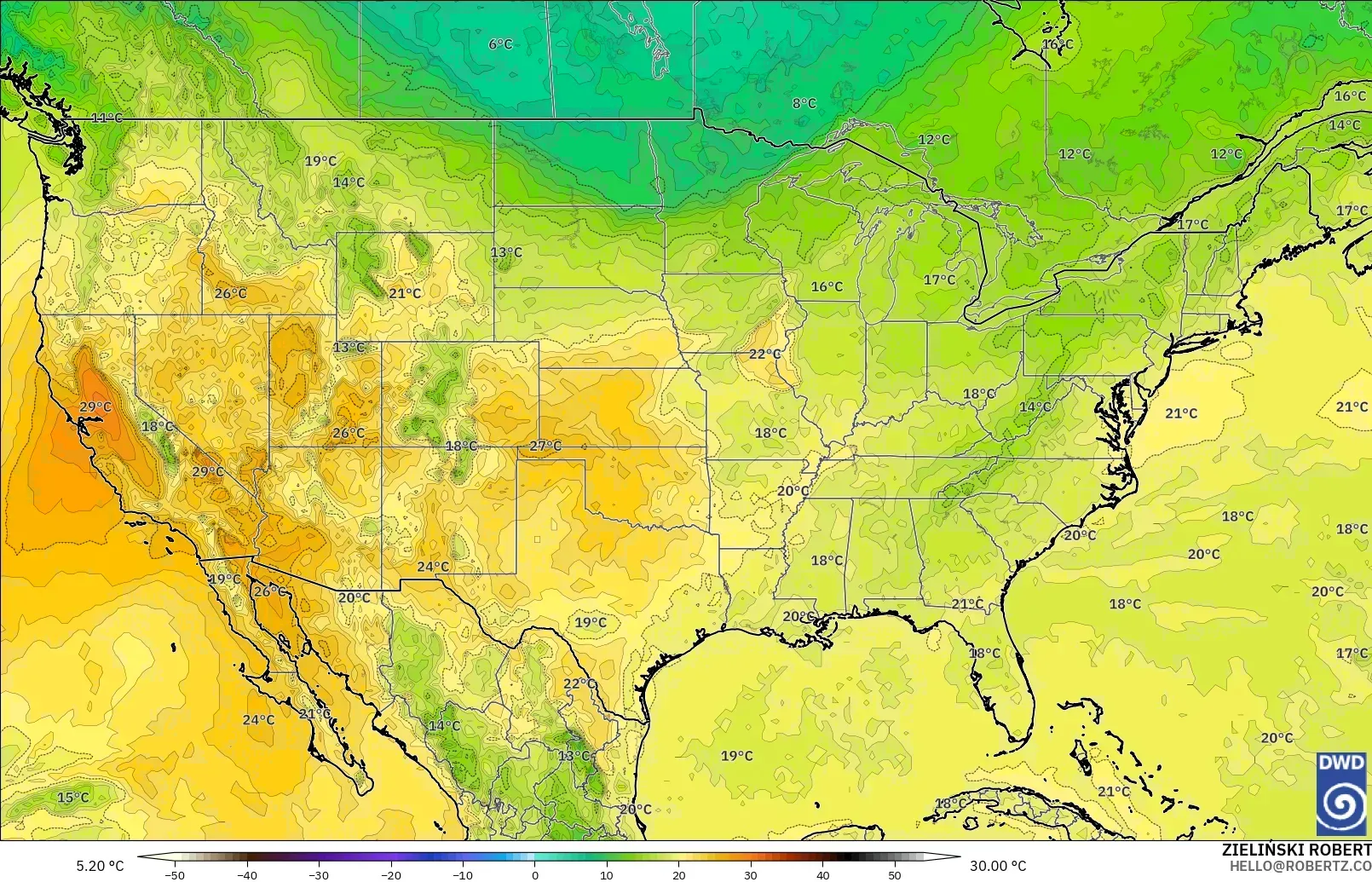 ICON modelo - Estados Unidos, Temperatura a 850 hPa