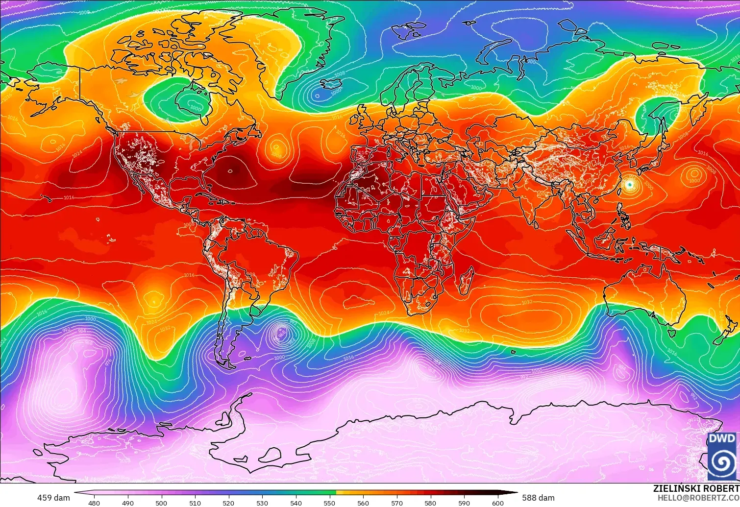 ICON modelo - Mundo, Altura geopotencial a 500 hPa