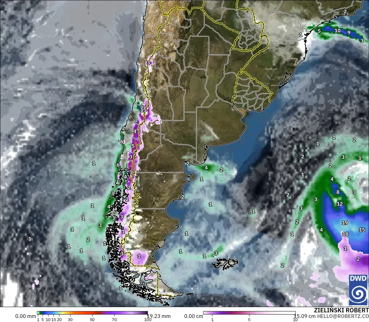ICON modelo - Argentina, Precipitación, nubes y presión