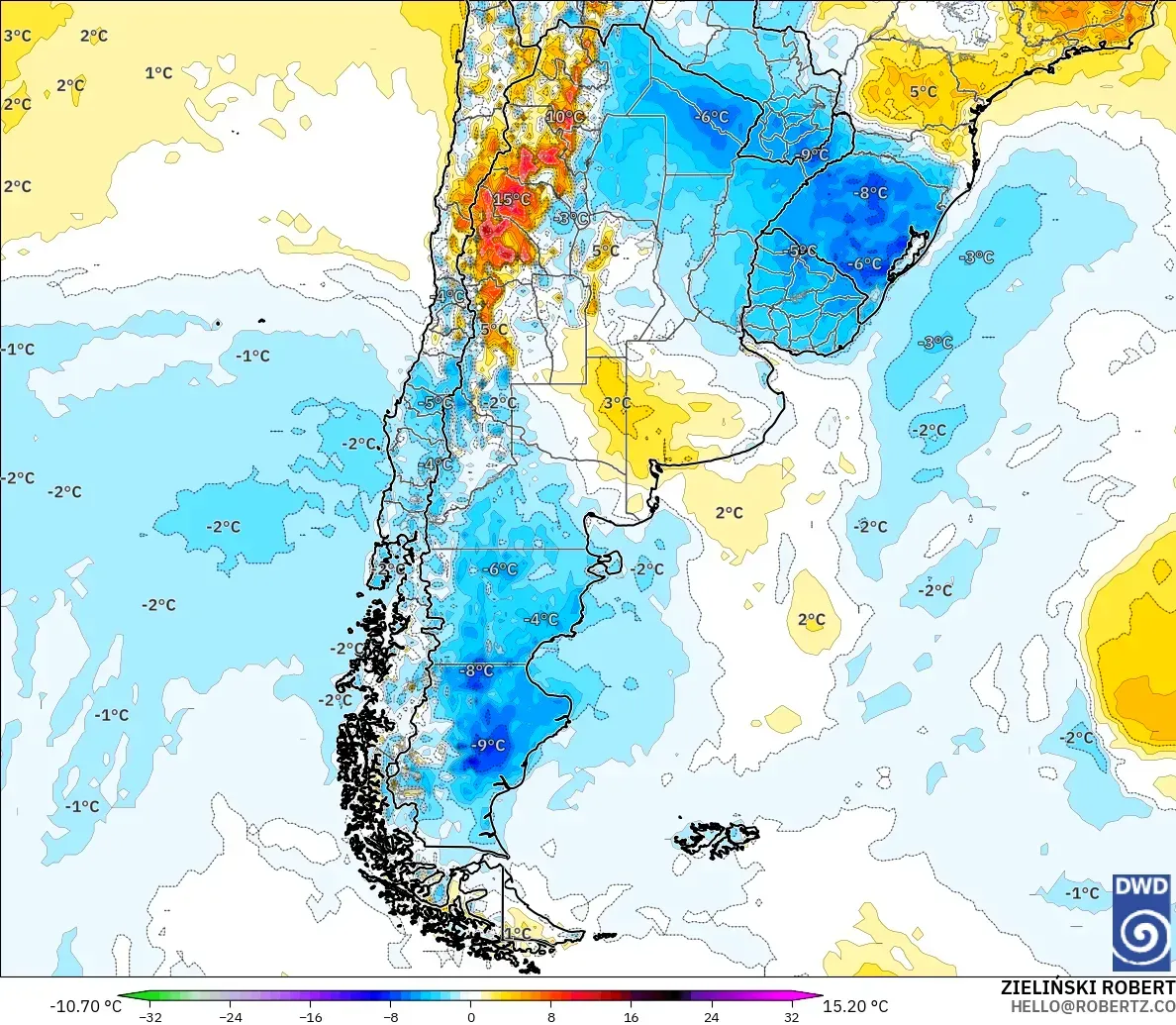 ICON modelo - Argentina, Anomalía de temperatura a 2 m