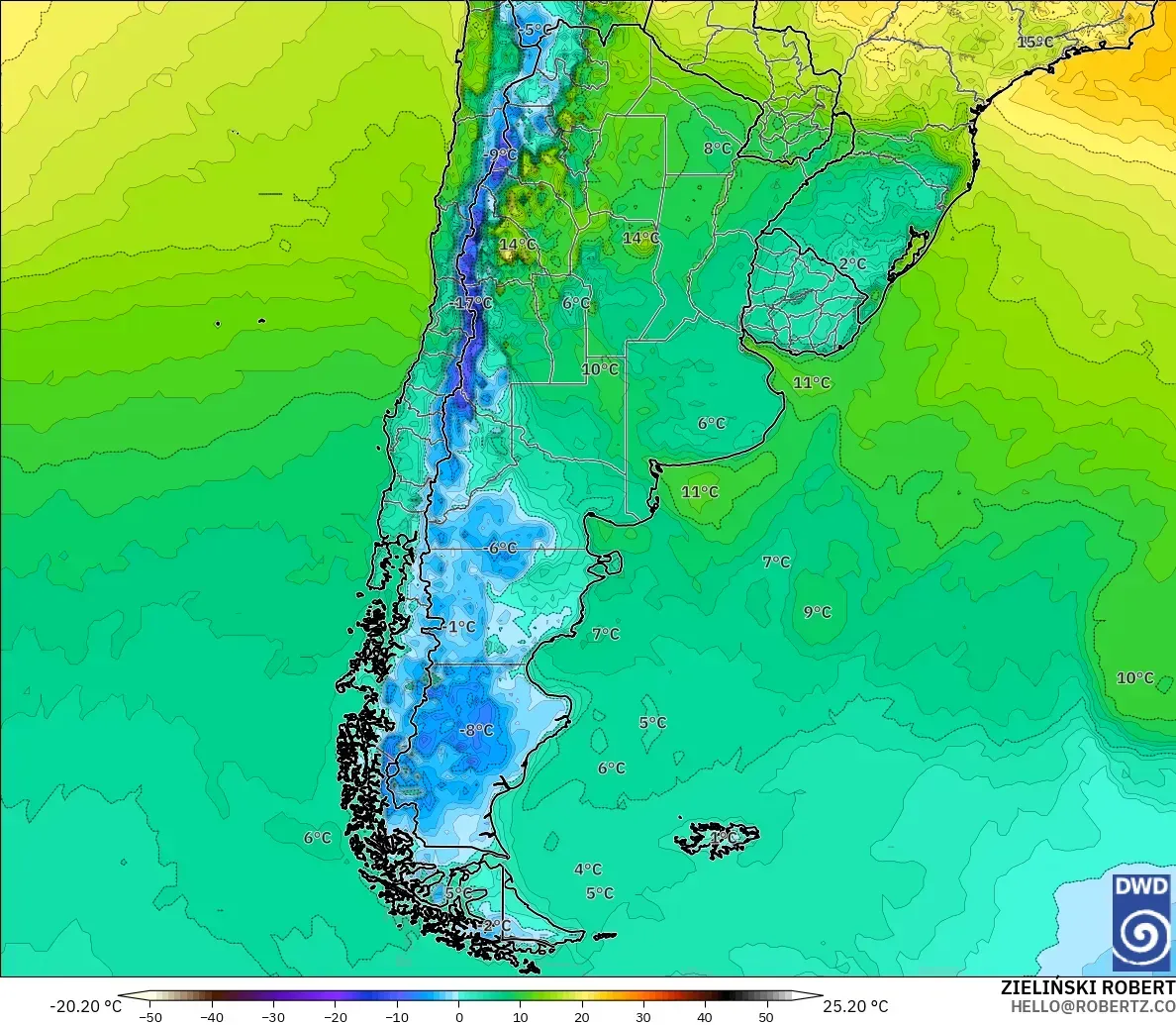 ICON modelo - Argentina, Temperatura a 2 m