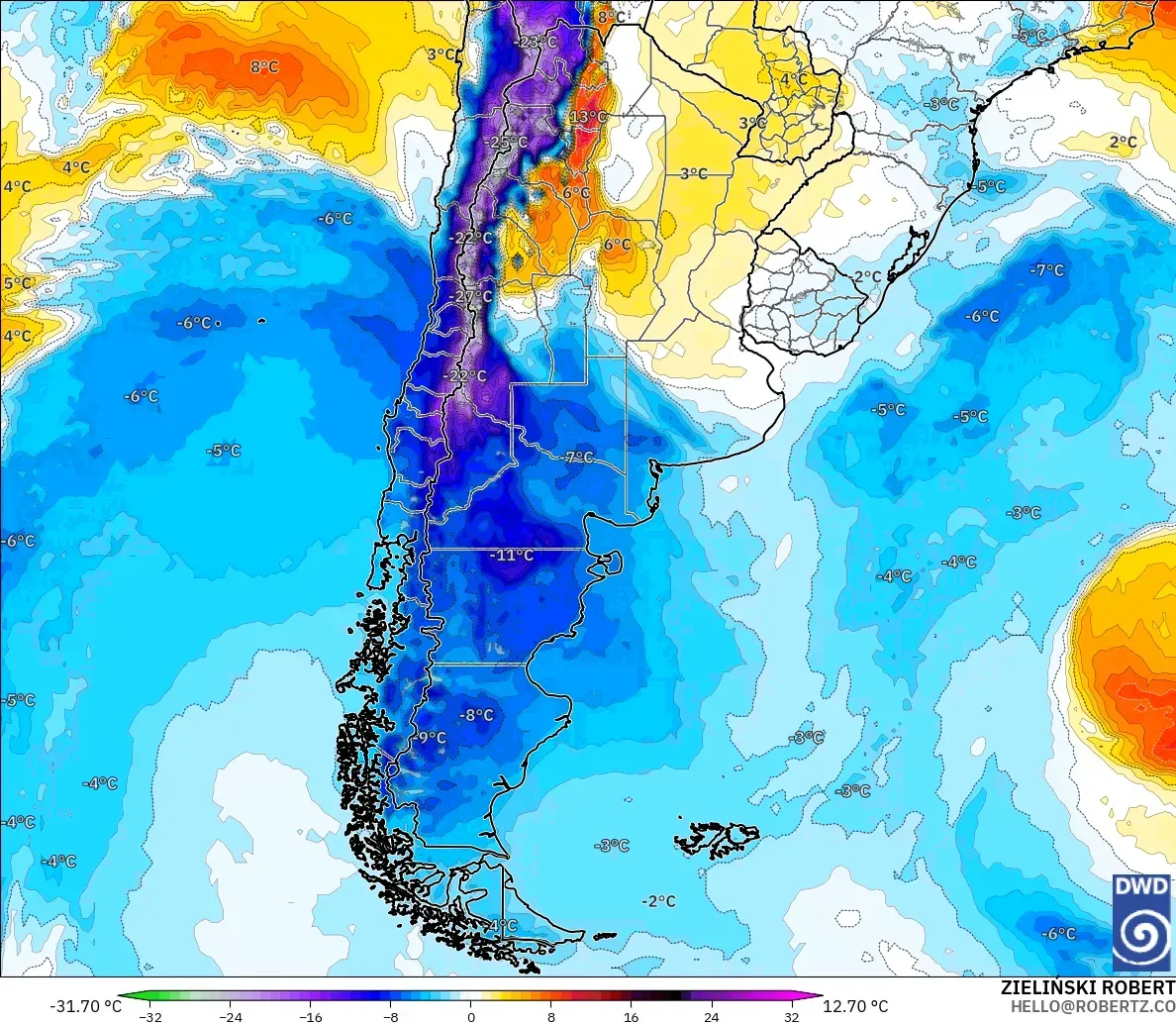 ICON modelo - Argentina, Anomalía de temperatura a 850 hPa