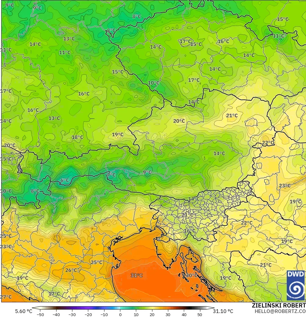 ICON modelo - Austria, Temperatura a 2 m