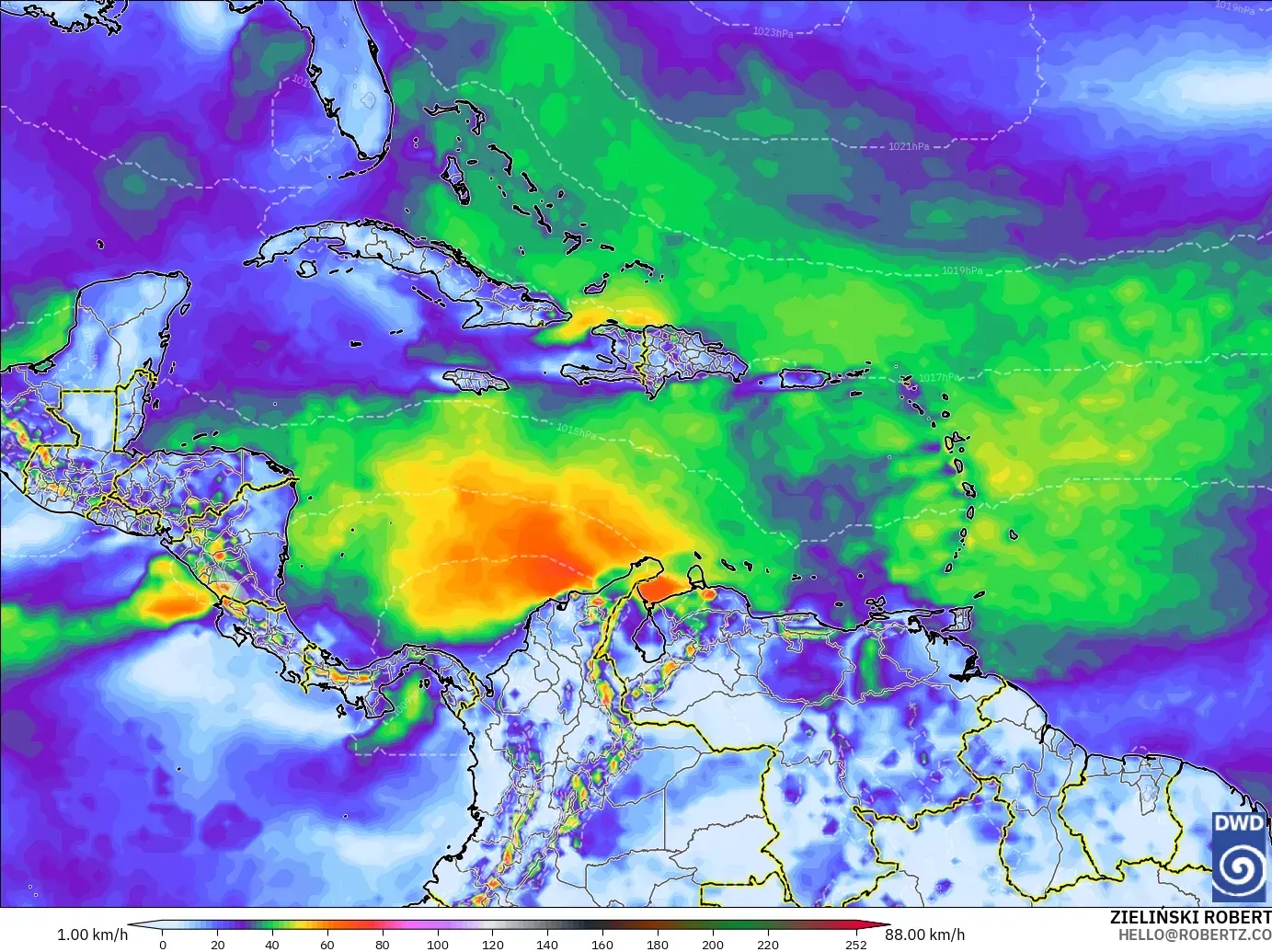 ICON modelo - Caribe, Ráfagas de viento