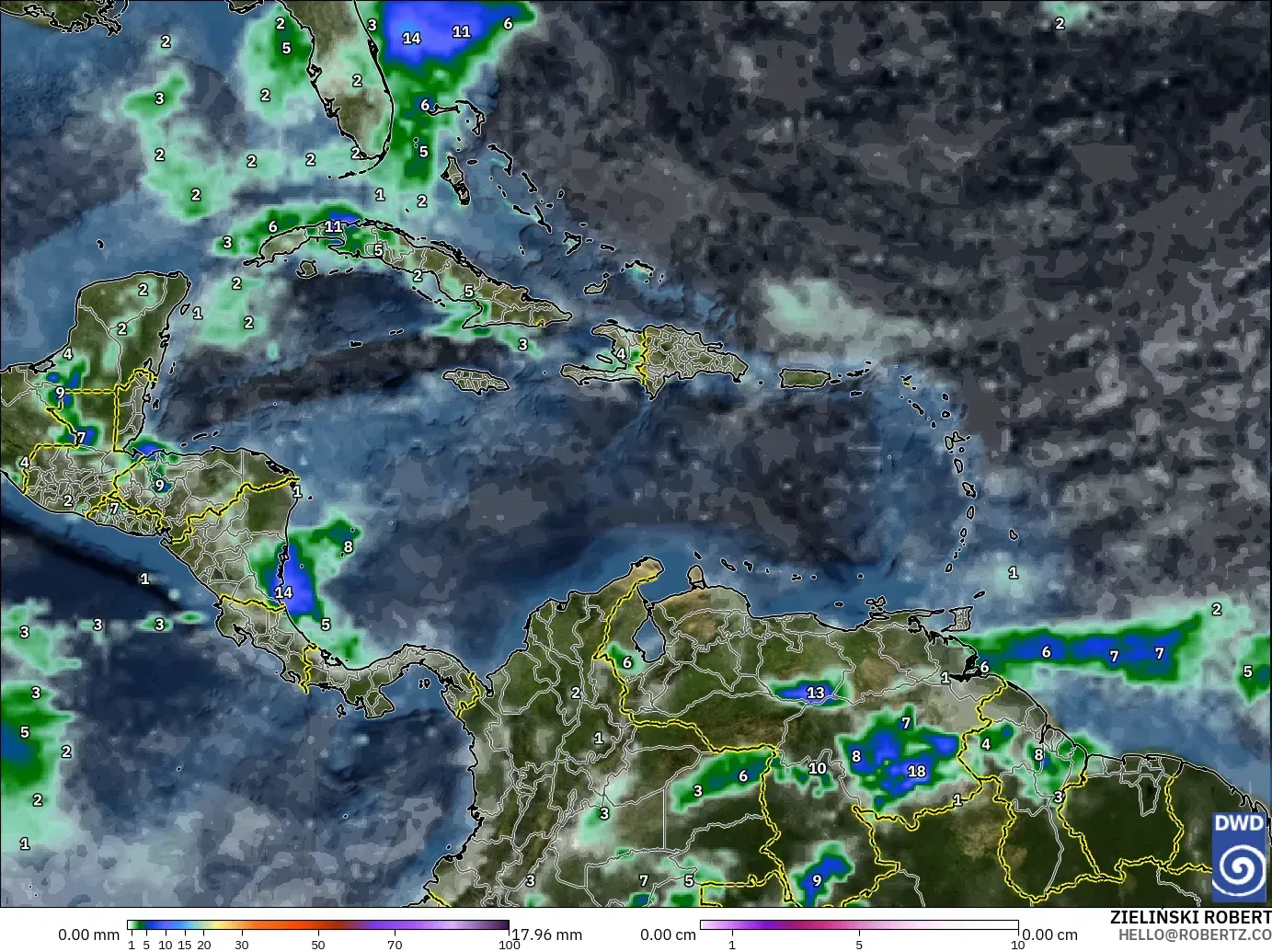 ICON modelo - Caribe, Precipitación, nubes y presión