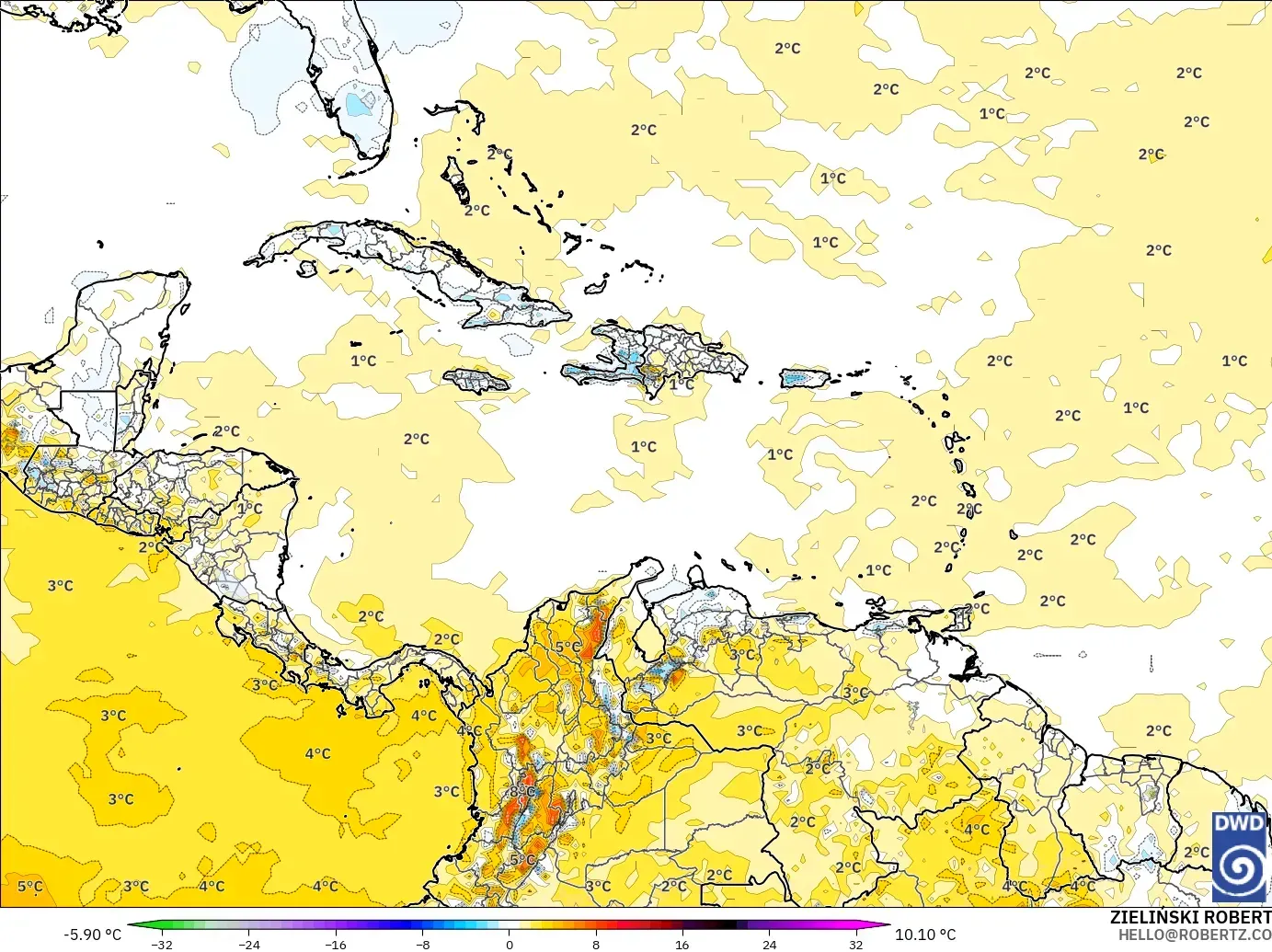 ICON modelo - Caribe, Anomalía de temperatura a 2 m