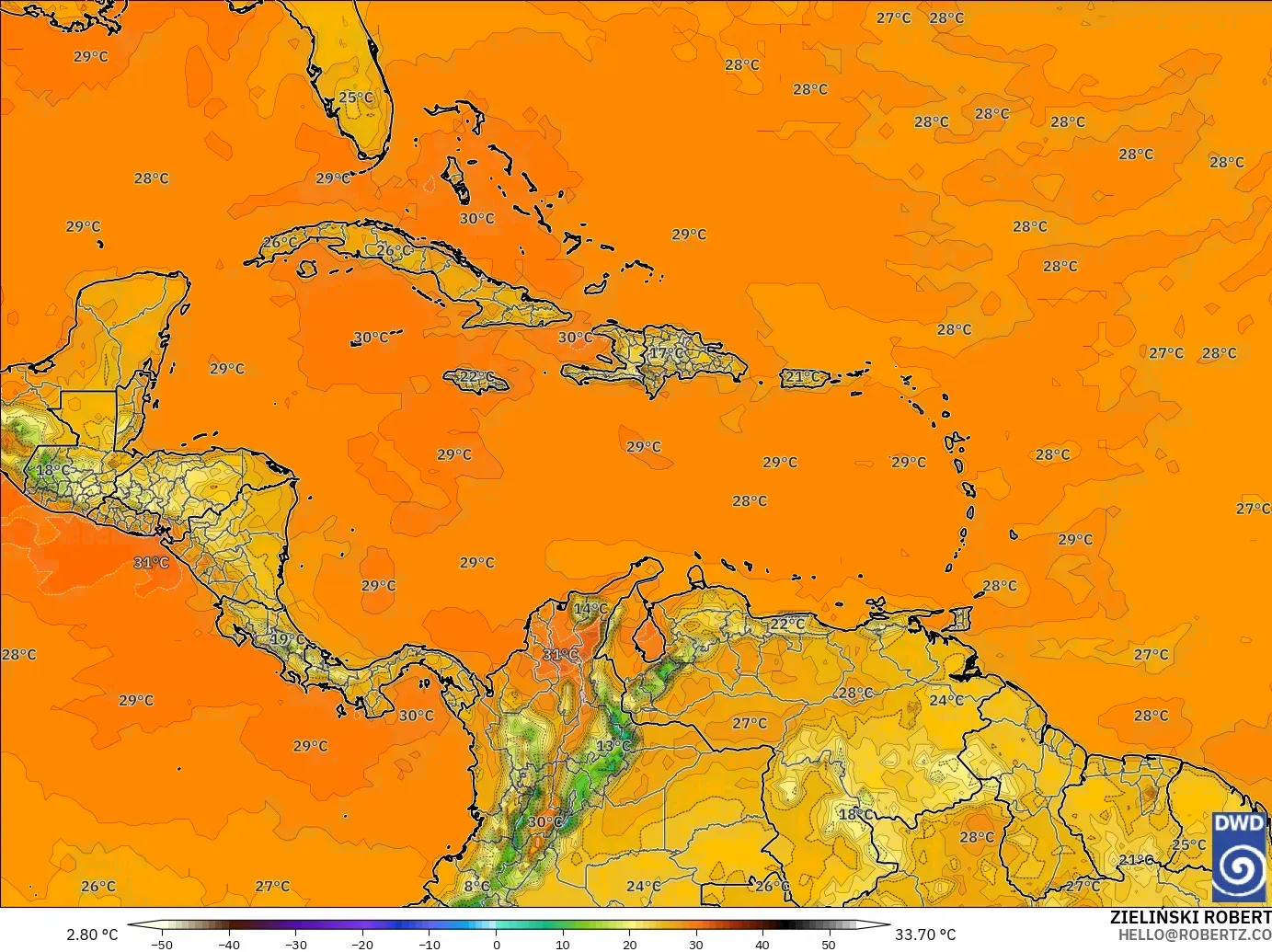 ICON modelo - Caribe, Temperatura a 2 m