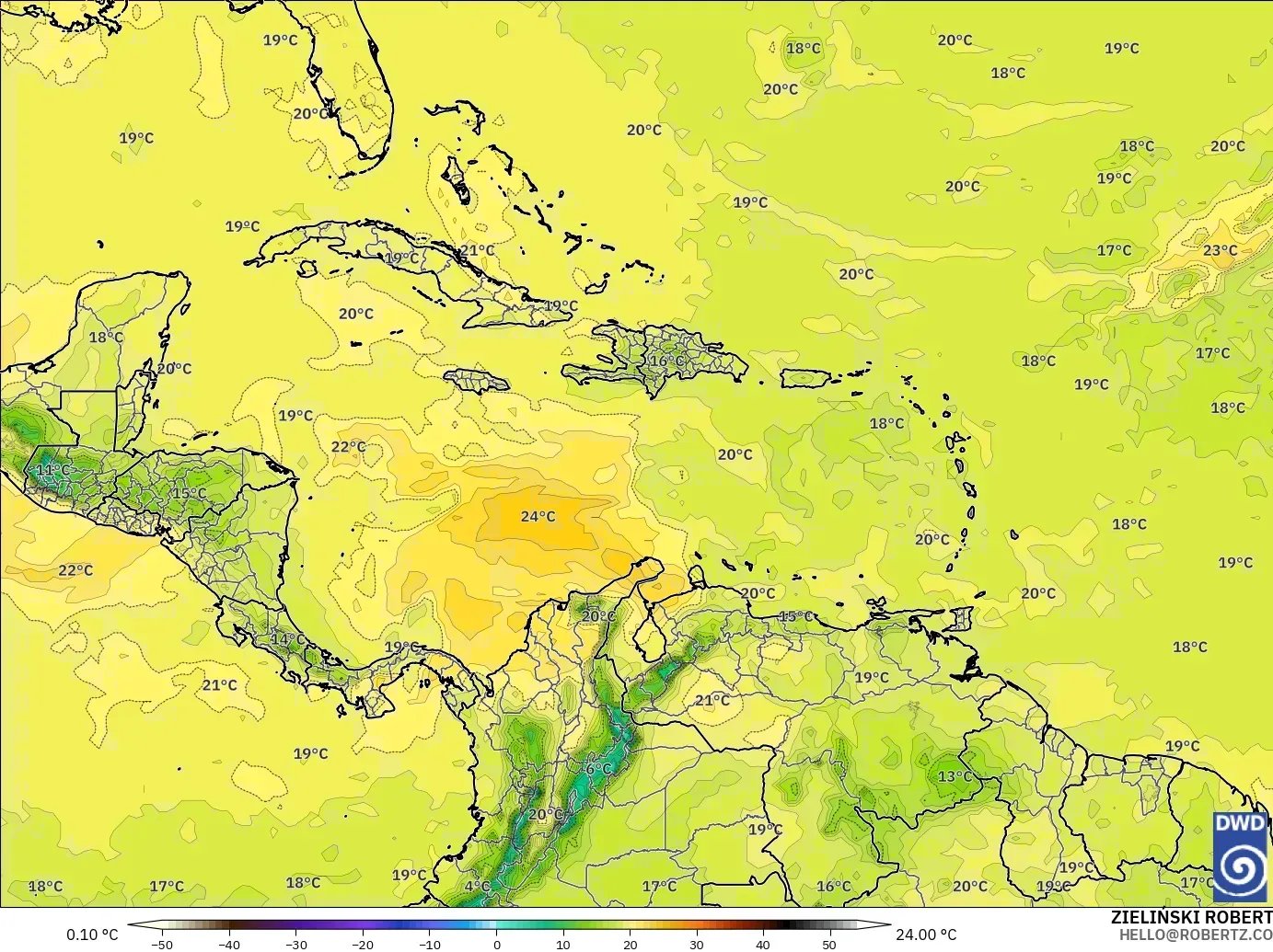 ICON modelo - Caribe, Temperatura a 850 hPa