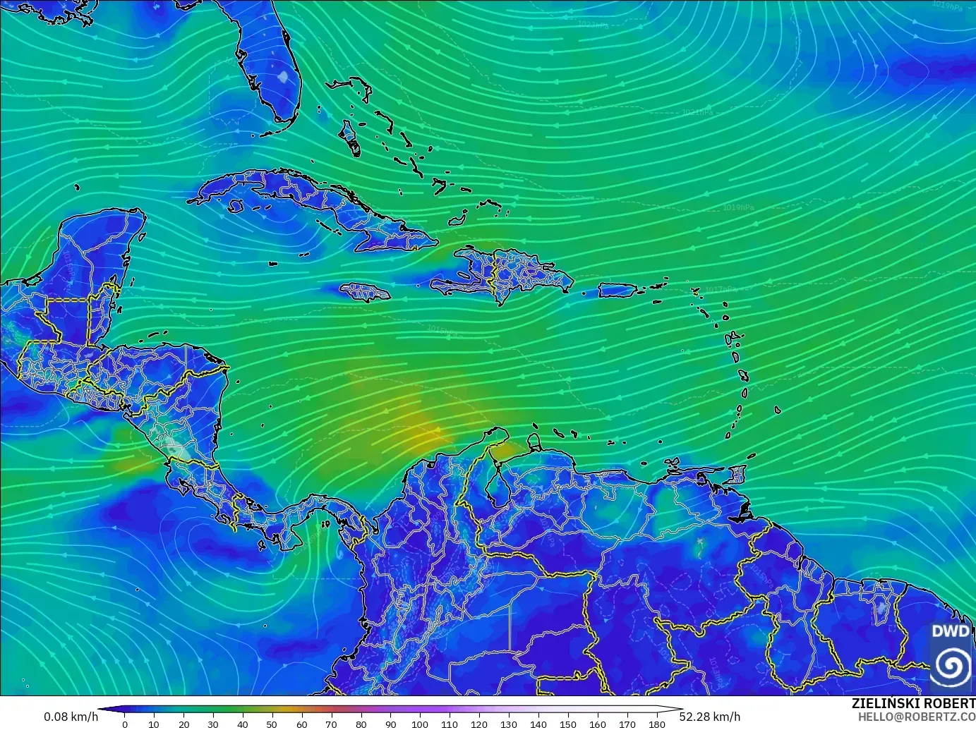 ICON modelo - Caribe, Viento a 10 m