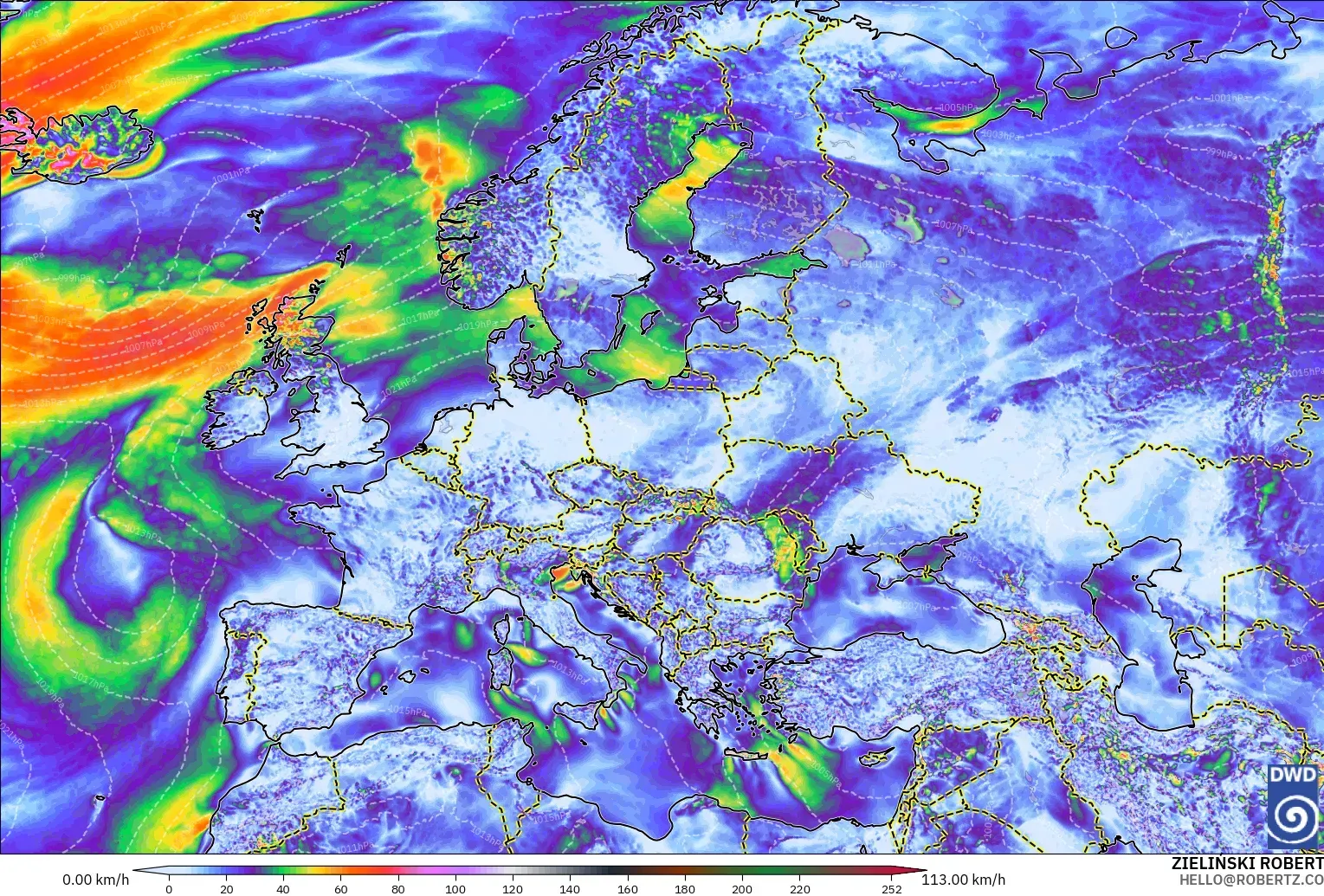 ICON modelo - Europa, Ráfagas de viento