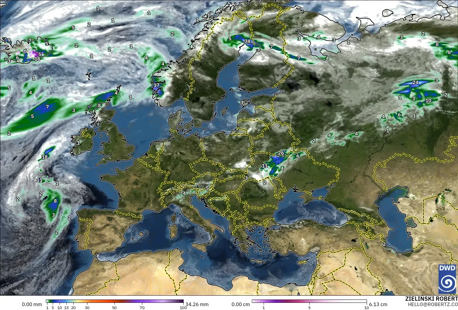 ICON modelo - Europa, Precipitación, nubes y presión