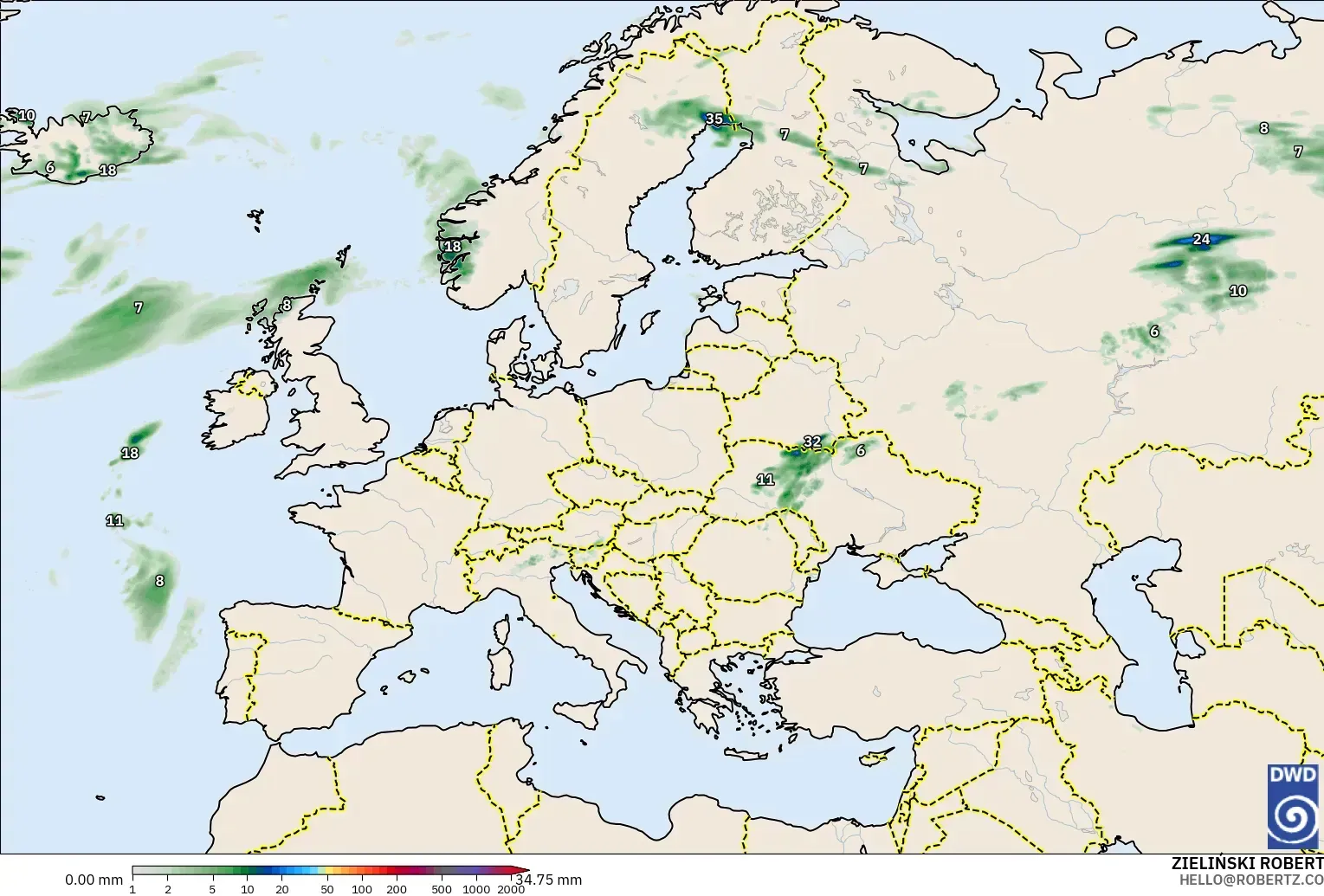ICON modelo - Europa, Acumulación de precipitación