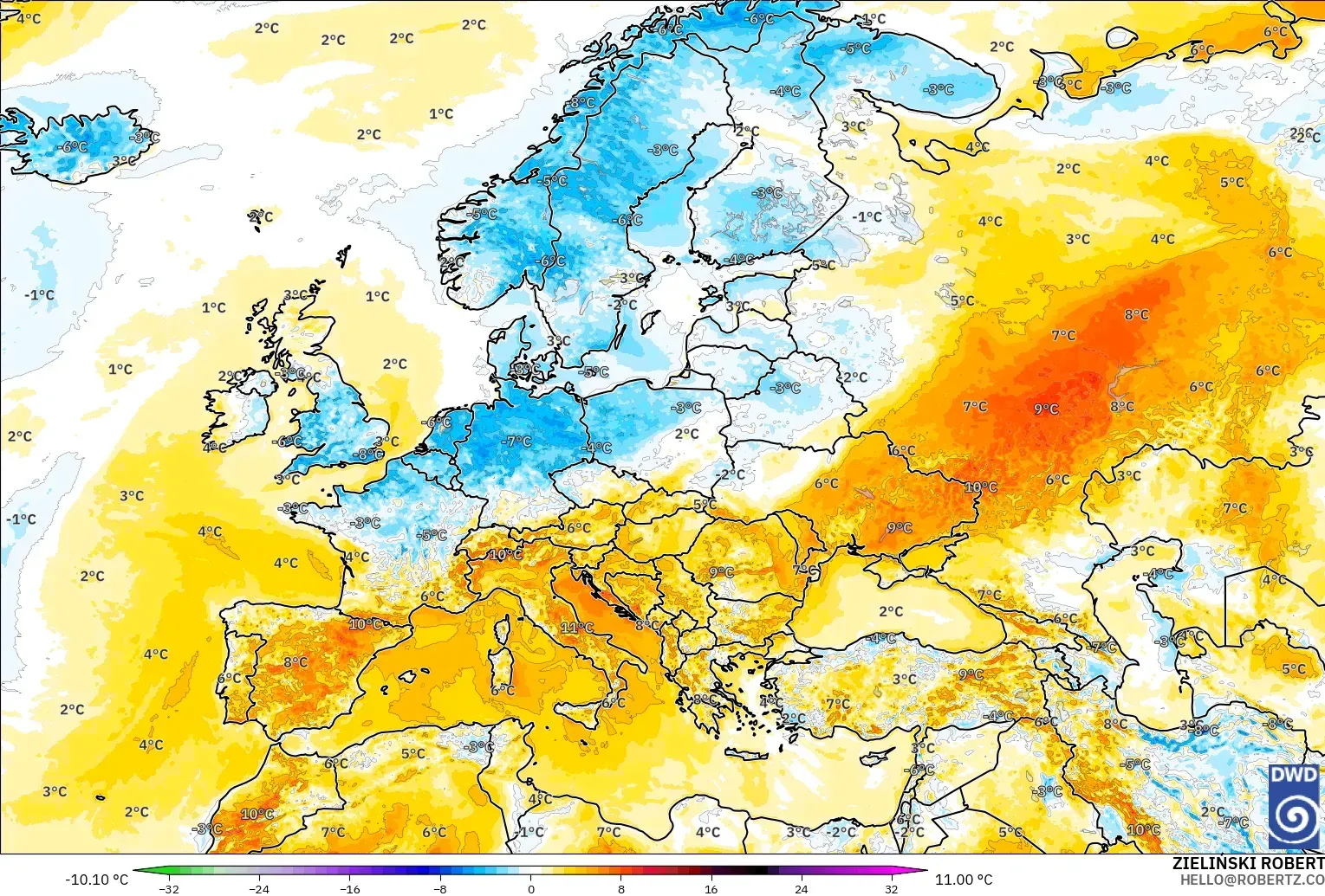ICON modelo - Europa, Anomalía de temperatura a 2 m