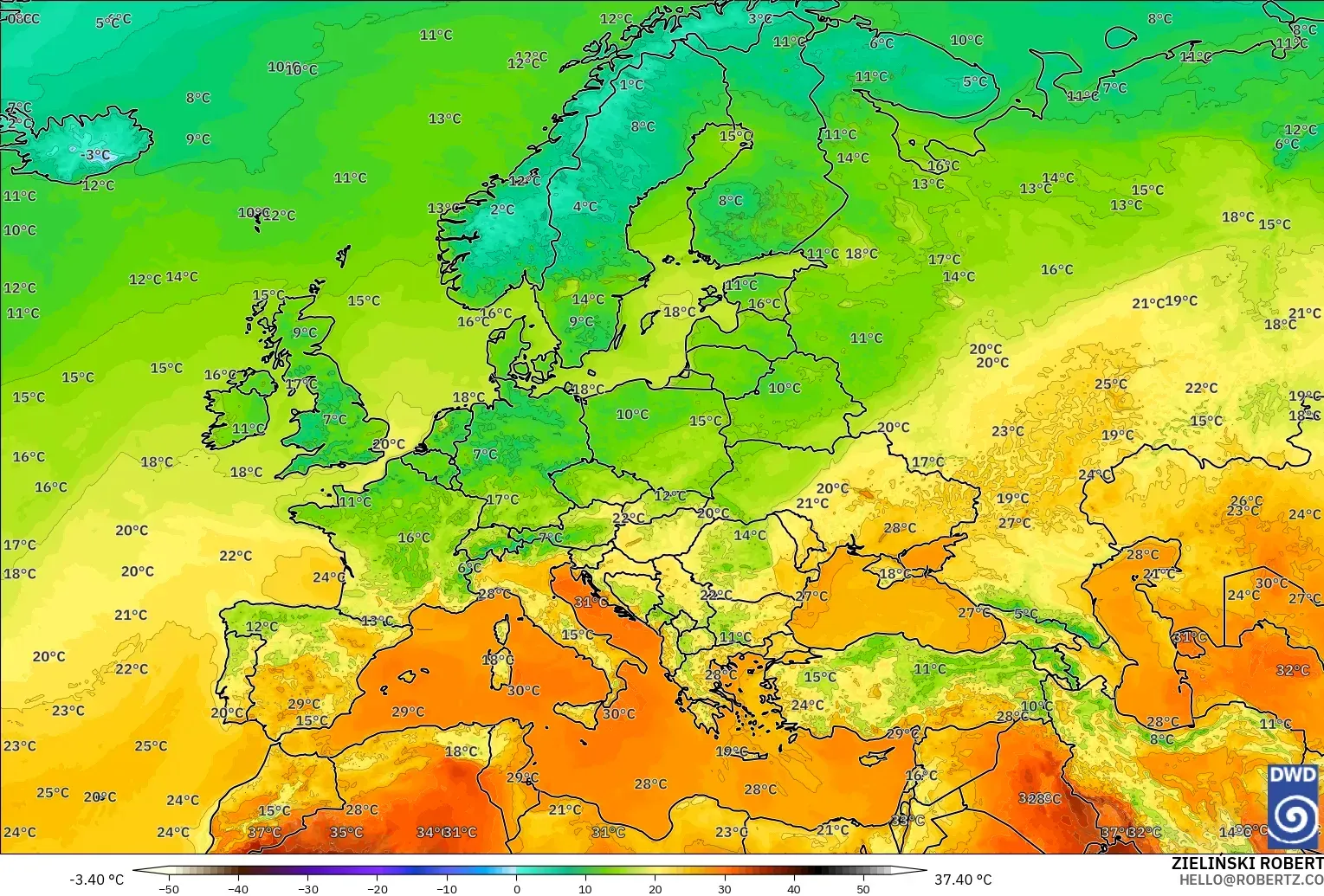 ICON modelo - Europa, Temperatura a 2 m
