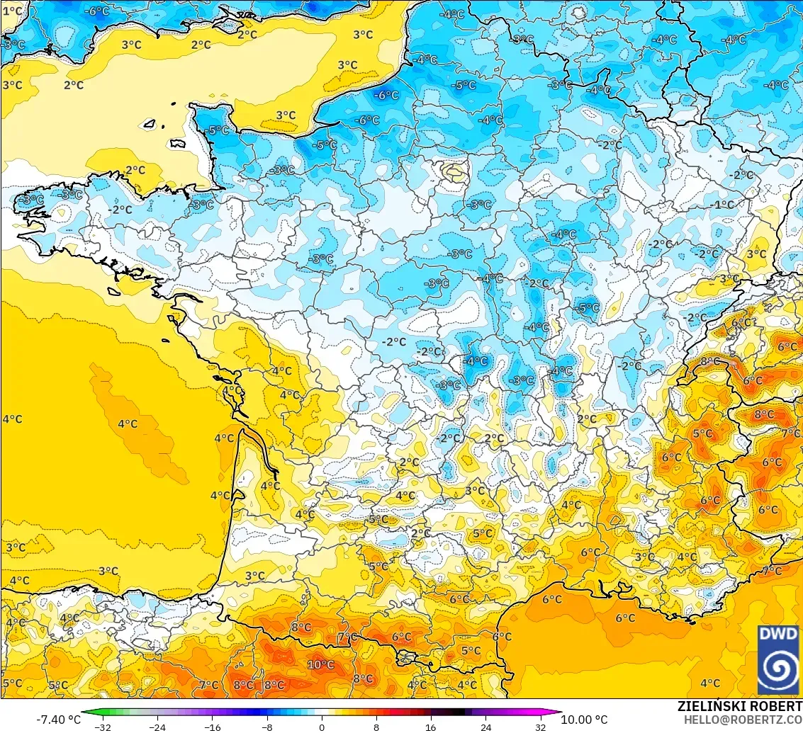 ICON modelo - Francia, Anomalía de temperatura a 2 m