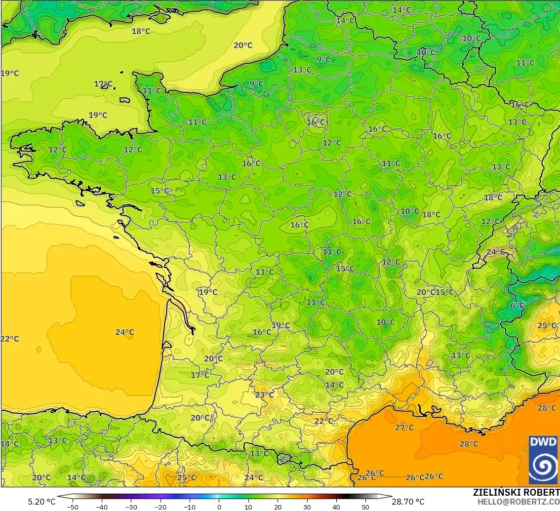 ICON modelo - Francia, Temperatura a 2 m